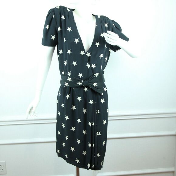 Vintage 80s Andre Laug Black Silk Star Dress Belted Designer M Cocktail Wrap